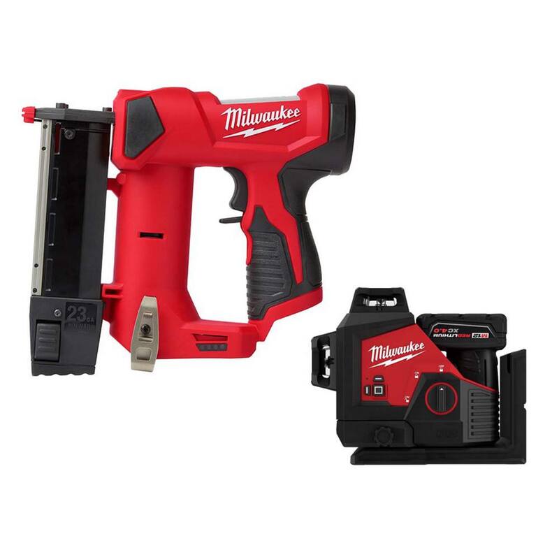 Milwaukee M12 12-Volt 23-Gauge Lithium-Ion Inalámbrico Grapadora de Clavos con Pin W/M12 Inalámbrico Kit de Nivel láser de 3 Puntos Verde - 2540-20-3632-21