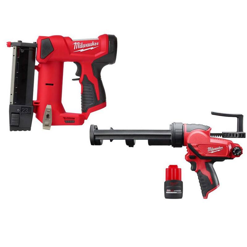 Clavadora de pasadores Milwaukee M12 23GA con pistola de calafateo M12 de 10 OZ (herramienta desnuda) y batería M12 de alto rendimiento 2.5 AH - 2540-20-2441-20-48-11-2425