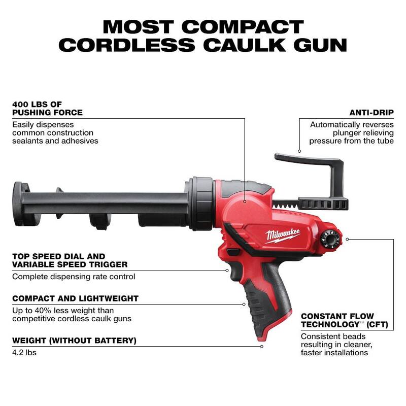 Clavadora de pasadores Milwaukee M12 23GA con pistola de calafateo M12 de 10 OZ (herramienta desnuda) y batería M12 de alto rendimiento 2.5 AH - 2540-20-2441-20-48-11-2425