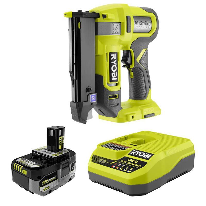 RYOBI ONE+ 18V Clavadora inalámbrica de clavos calibre 23 Airstrike con batería de alto rendimiento de 18V 4.0 Ah y cargador - PCL310B-PSK014