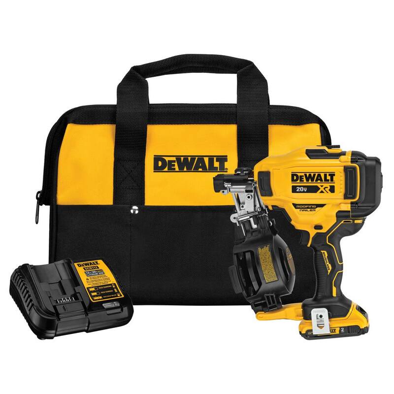 DEWALT 20V MAX Lithium-Ion 15-Degree Electric Cordless Roofing Nailer Kit with 2.0Ah Battery Charger and Bag - DCN45RND1