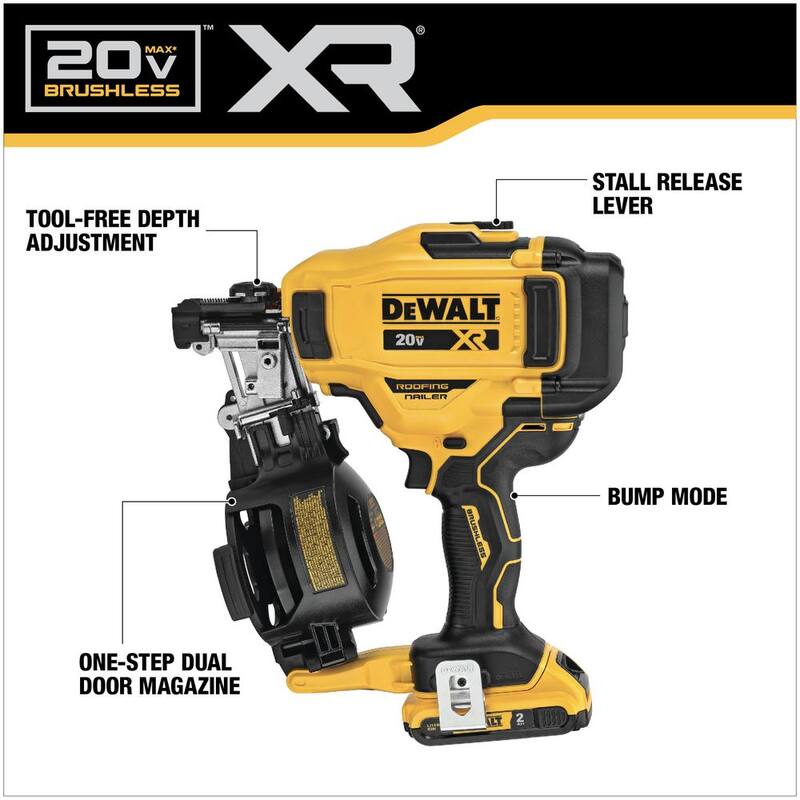 DEWALT 20V MAX Lithium-Ion 15-Degree Electric Cordless Roofing Nailer Kit with 2.0Ah Battery Charger and Bag - DCN45RND1