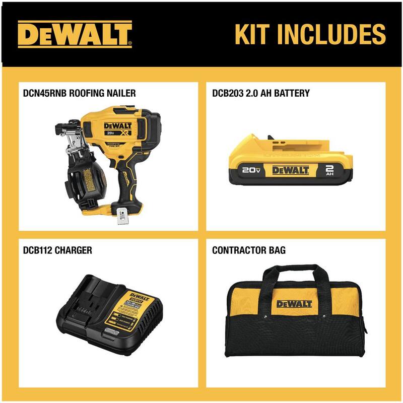 DEWALT 20V MAX Lithium-Ion 15-Degree Electric Cordless Roofing Nailer Kit with 2.0Ah Battery Charger and Bag - DCN45RND1