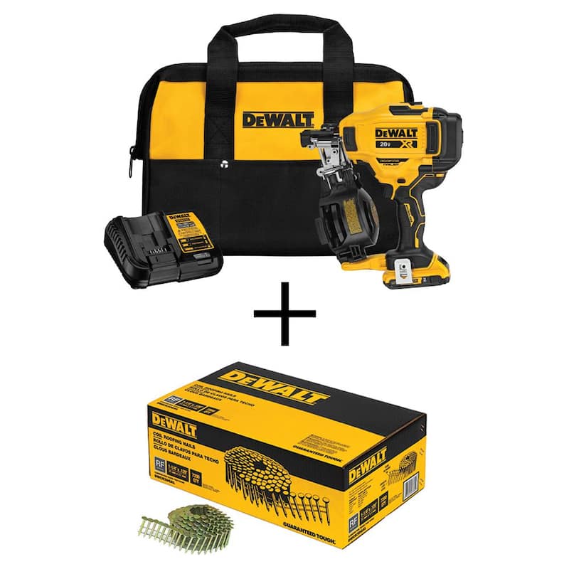 Equipo de Clavadora de Techo Inalámbrica DEWALT 20V MAX Ion de Litio de 15 Grados con Clavos de Techo en Bobina de 1-1/4 pulg. x 0.120 calibre (paquete de 7,200) - DCN45RND1WCR3D