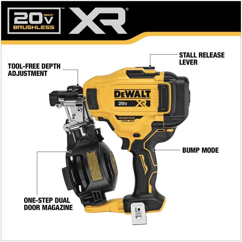 DEWALT Clavadora de techos inalámbrica de ángulo de 15 grados de 20V MAX (Herramienta solamente) con clavos de techo de bobina galvanizada de 1-1/4 pulg. x 0.120-GA (paquete de 7,200) - DCN45RNBWR3DGAL.
