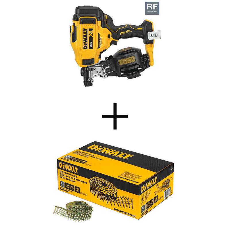 DEWALT Clavadora de techos inalámbrica de ángulo de 15 grados de 20V MAX (Herramienta solamente) con clavos de techo de bobina galvanizada de 1-1/4 pulg. x 0.120-GA (paquete de 7,200) - DCN45RNBWR3DGAL.