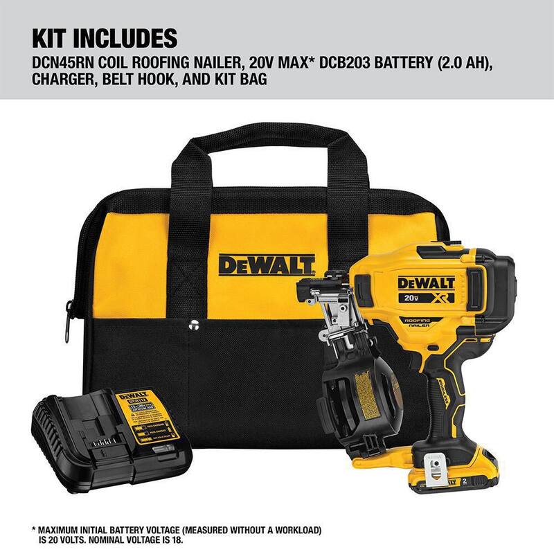 DEWALT 20V MAX Kit de Clavadora de Techo Inalámbrica de 15 grados con Batería de Ion de Litio de 4.0Ah, Batería de 2.0Ah, Cargador y Bolsa - DCN45RND1W204