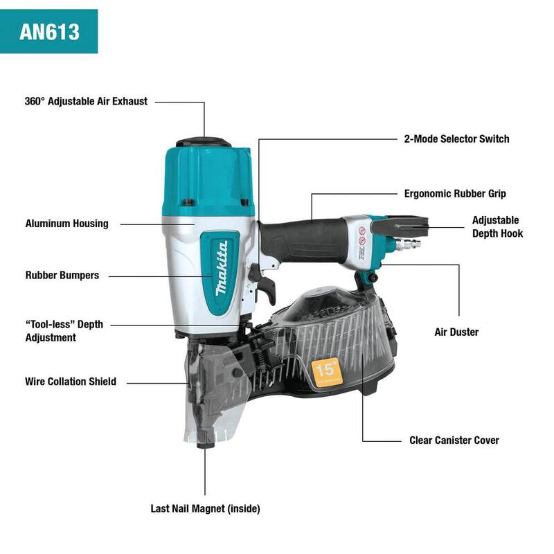 Makita Pneumática 2-1/2 pulgadas 15° Clavadora de bobina para revestimiento - AN613