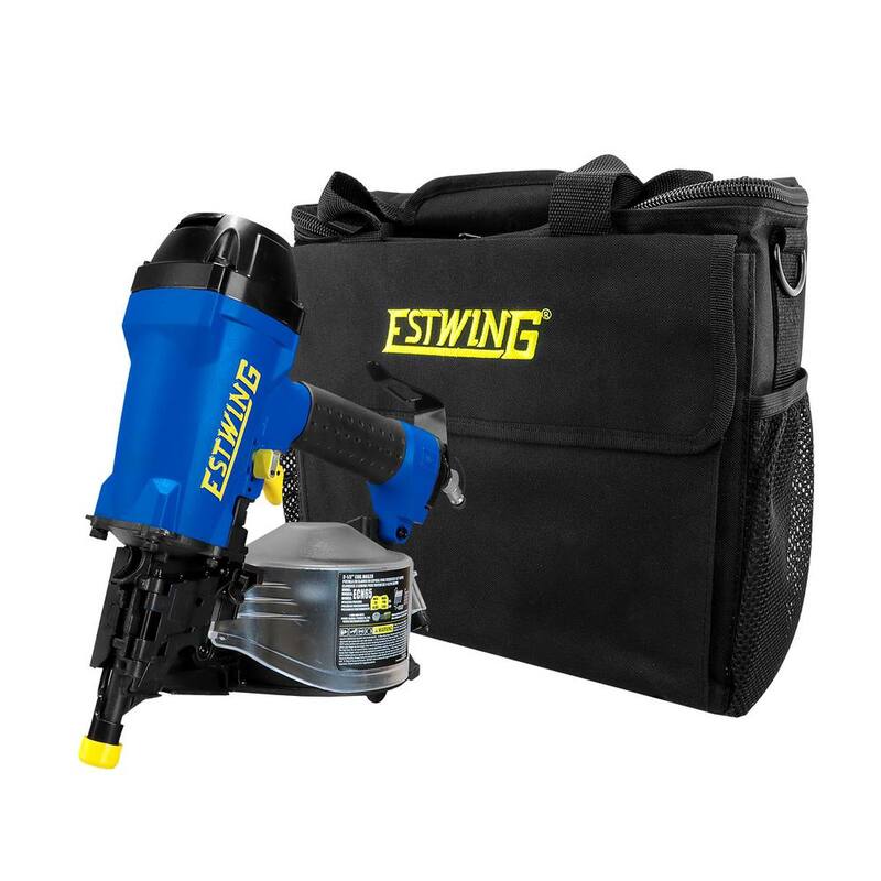 Estwing Pneumatic 15-Degree 2-1/2 in. Coil Siding Nailer con Gancho de Cinturón Metálico Ajustable, Conexión Giratoria de 1/4 de pulgada NPT y Bolsa - ECN65