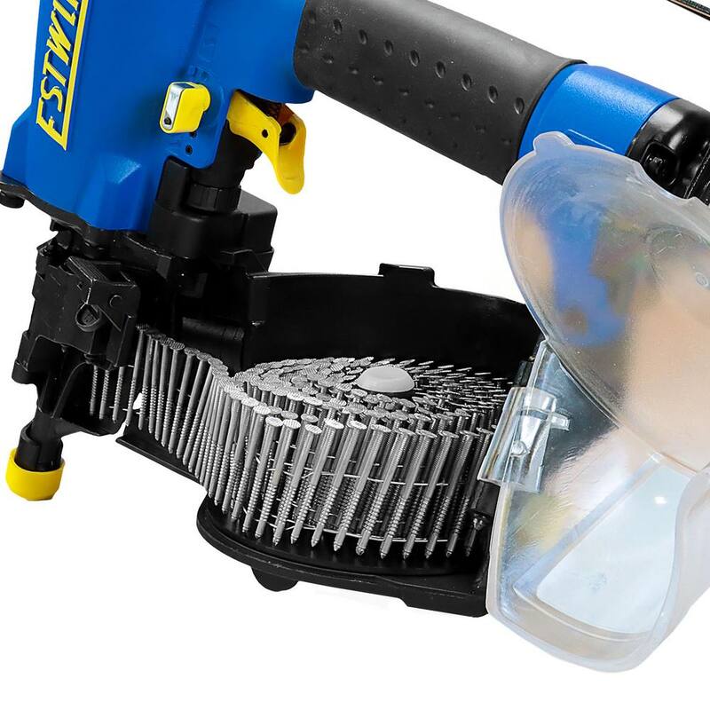 Estwing Pneumatic 15-Degree 2-1/2 in. Coil Siding Nailer con Gancho de Cinturón Metálico Ajustable, Conexión Giratoria de 1/4 de pulgada NPT y Bolsa - ECN65