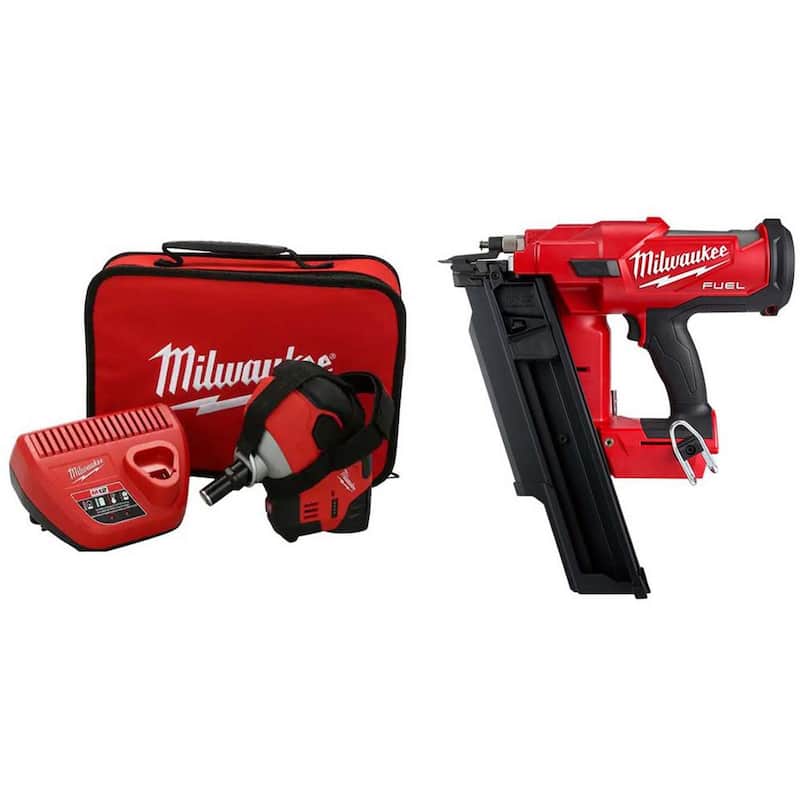 Juego de clavadora inalámbrica Milwaukee M12 con una batería de 1.5Ah, cargador y clavadora de armazón de 18 voltios a 21 grados M18 FUEL de 3-1/2 pulgadas - 2458-21-2744-20