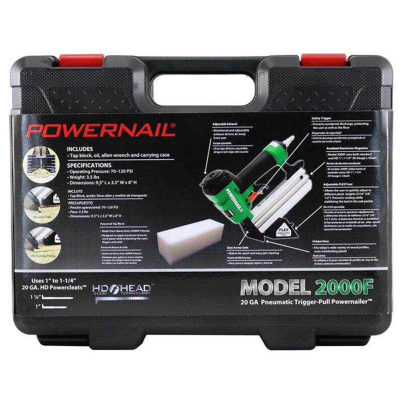 POWERNAIL Kit de clavadora de clavos de lengüeta de 20 gaugae para pisos de madera dura con gatillo neumático - 2000F