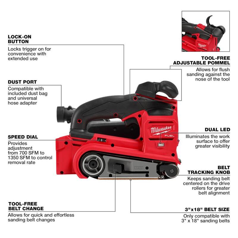 Lijadora de banda inalámbrica de iones de litio Milwaukee M18 FUEL de 18 voltios (solo herramienta) - 2832-20