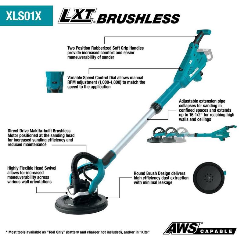 Lijadora de yeso sin cable Makita 18V LXT Lithium-Ion Brushless de 9 pulgadas, con capacidad AWS (Herramienta solamente) - XLS01ZX1