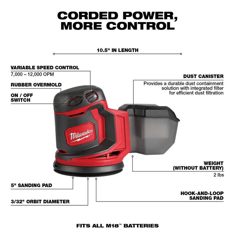 Lijadora orbital aleatoria inalámbrica de 5 pulgadas Milwaukee M18 18V de iones de litio con batería compacta de 2.0 Ah - 2648-20-48-11-1820
