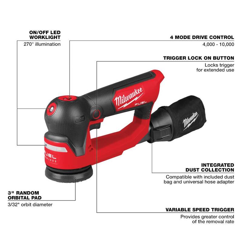 Milwaukee M12 FUEL 12V Lijadora orbital aleatoria inalámbrica sin escobillas de 3 pulgadas de detalle de iones de litio - 2535-20