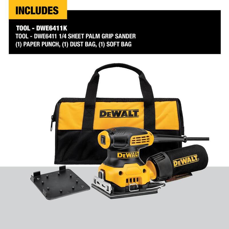 Kit de lijadora de palma de lámina de 1/4 de DEWALT de 2.3 amperios con bolsa de contratista - DWE6411K