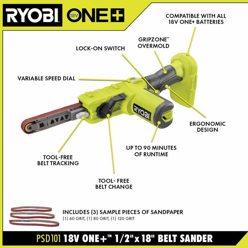 Lijadora de banda inalámbrica RYOBI ONE+ 18V de 1/2 pulgadas x 18 pulgadas (solo la herramienta) - PSD101B