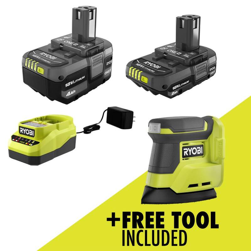 Juego de batería de iones de litio de 18V RYOBI ONE+ con baterías de 2.0 Ah y 4.0 Ah, cargador y lijadora de esquina inalámbrica ONE+ 18V Cordless Corner Cat Finish Sander gratuita - PSK106SB-PCL416B