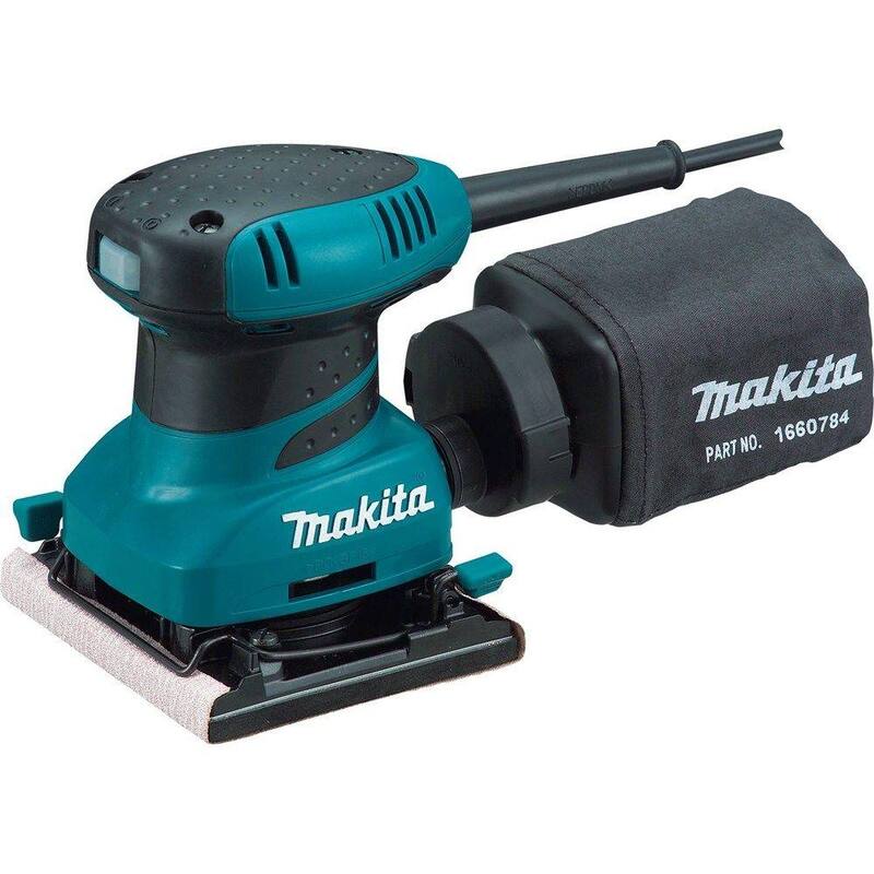 Lijadora orbital de acabado con cable de 2 amperios y hojas de lija de 60G, 100G y 150G, bolsa para polvo y placa perforadora - BO4556 de Makita