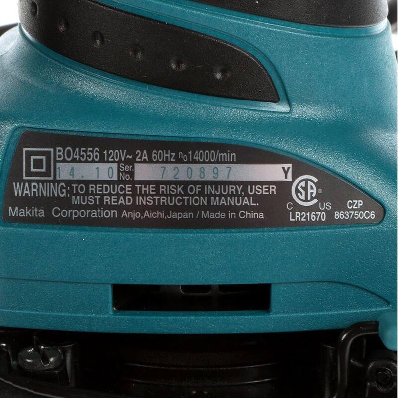 Lijadora orbital de acabado con cable de 2 amperios y hojas de lija de 60G, 100G y 150G, bolsa para polvo y placa perforadora - BO4556 de Makita