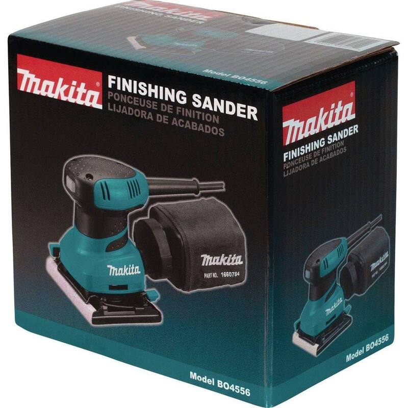 Lijadora orbital de acabado con cable de 2 amperios y hojas de lija de 60G, 100G y 150G, bolsa para polvo y placa perforadora - BO4556 de Makita