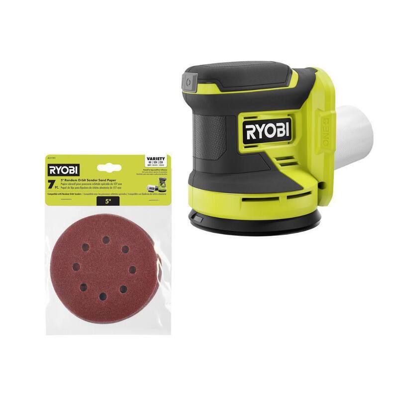Lijadora orbital aleatoria inalámbrica RYOBI ONE+ de 18V (Herramienta solamente) con surtido de 7 piezas de papel de lija orbital aleatoria de 5 pulgadas - PCL406B-A21701.