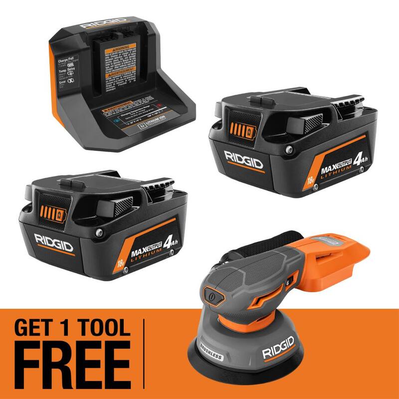 Kit de arranque RIDGID 18V MAX Output con (2) Baterías de 4.0 Ah MAX Output y cargador con lijadora subcompacta de perfil bajo de 18V GRATIS - AC8609340SB-R870651B