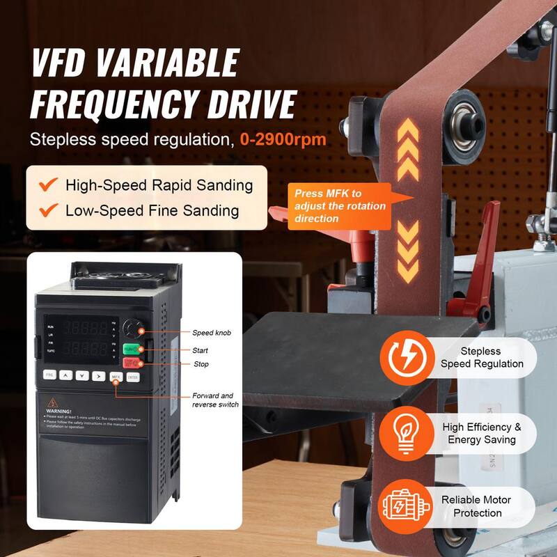 Amoladora Lijadora de Banda VEVOR, 72 x 2 pulg. Pulidora de Banda de Velocidad Variable con VFD, Máquina de Pulido y Rectificación de 1,500W 2HP - SDMC1500W722VBGPTV1