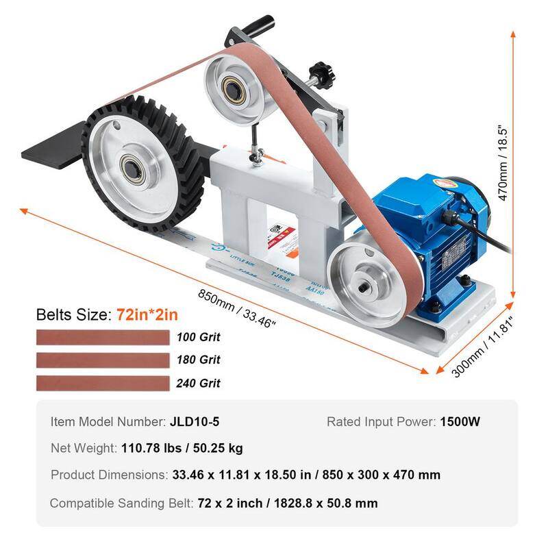 Amoladora Lijadora de Banda VEVOR, 72 x 2 pulg. Pulidora de Banda de Velocidad Variable con VFD, Máquina de Pulido y Rectificación de 1,500W 2HP - SDMC1500W722VBGPTV1