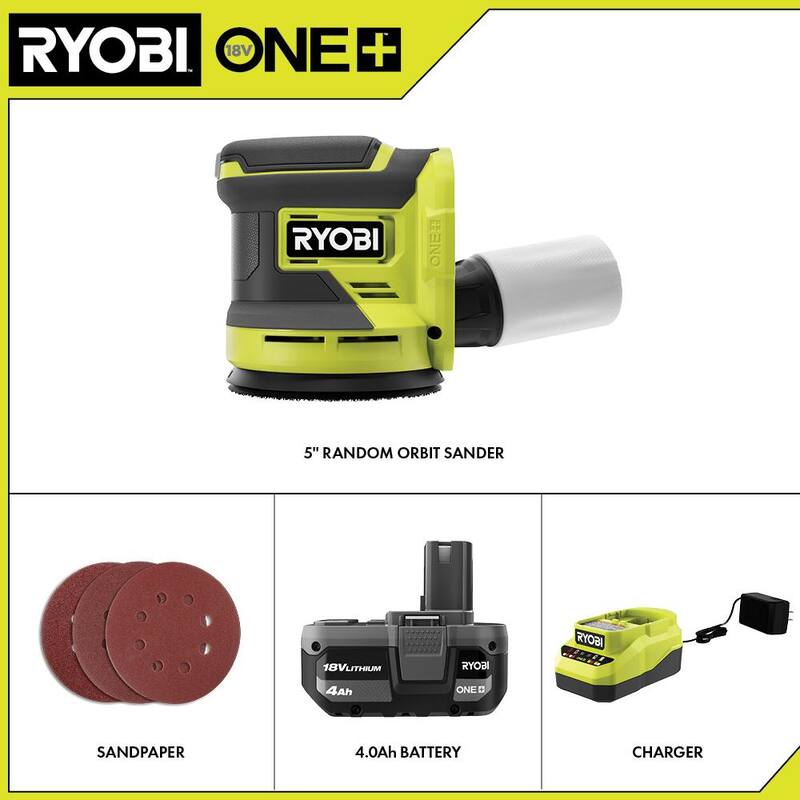 Lijadora Orbital Aleatoria Inalámbrica RYOBI ONE+ 18V de 5 pulgadas con Batería de 4.0 Ah y Cargador con Batería de 2.0 Ah - PCL406K1-PBP006