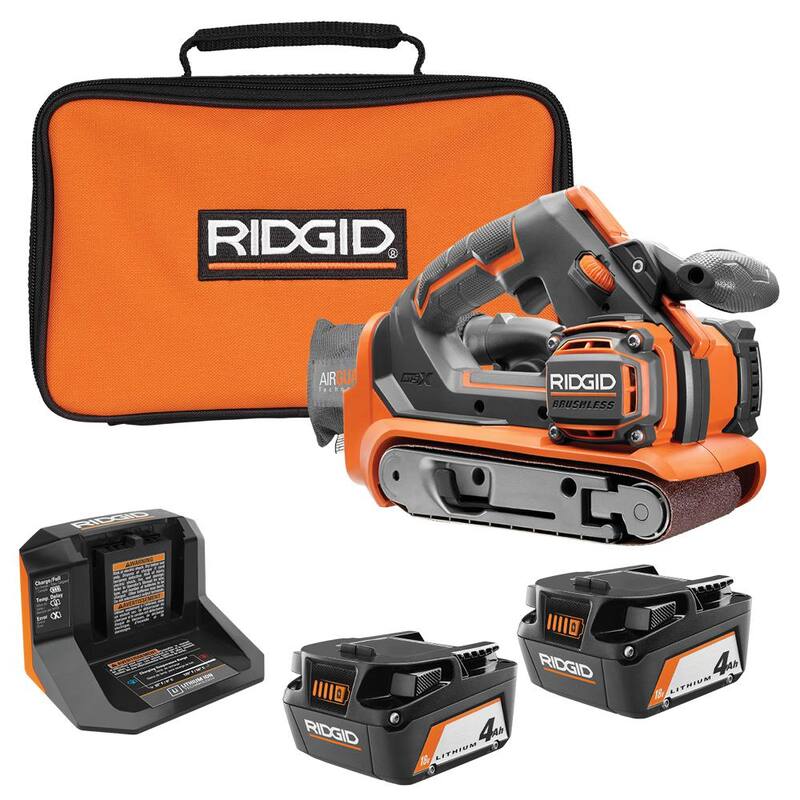 Lijadora de banda inalámbrica sin escobillas RIDGID de 18V, 3 pulgadas x 18 pulgadas, con 2 baterías de 4.0 Ah, cargador y bolsa - R86065B-AC93044SBN