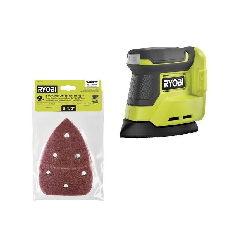 LIJA ANGULAR INALÁMBRICA RYOBI ONE+ 18V (Herramienta solamente) con juego de 9 piezas de papel de lija angular de 5-1/2 pulgadas - PCL416B-A21C901