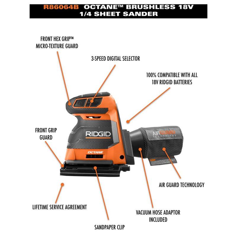 Lijadora de lámina inalámbrica sin escobillas RIDGID 18V OCTANE de 3 velocidades - R86064B