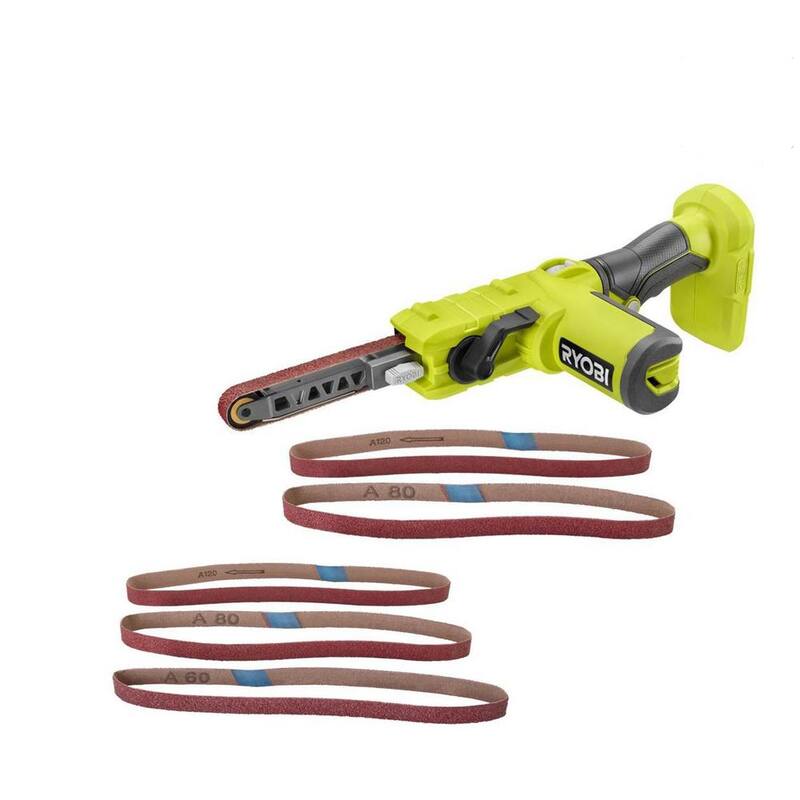 Lijadora de banda inalámbrica de 1/2 pulg. x 18 pulg. RYOBI ONE+ 18V (Herramienta solamente) con bandas de lija de 1/2 pulg. x 18 pulg. (paquete de 3) - PSD101B-A38FS01