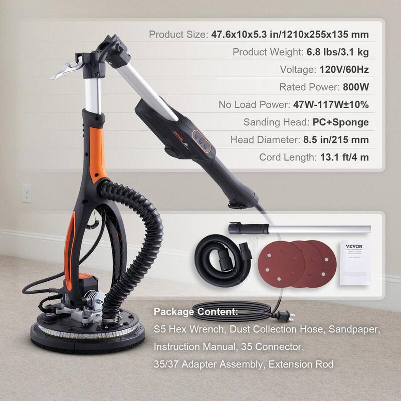 VEVOR Lijadora de Paneles de Yeso 800 Watts Motor sin Escobillas Lijadora Eléctrica Velocidad Variable 1000-2300 RPM Lijadora de Pared Lijadora de Techo Plegable - GSGQSGJYSWLEDMC8GV1-0531