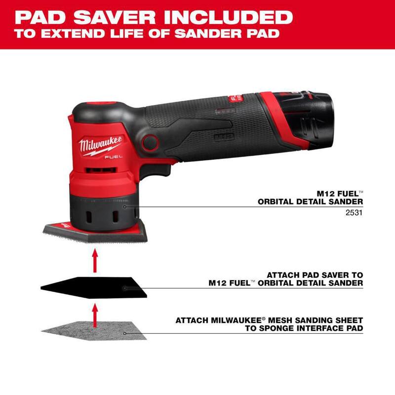 Lijadora orbital inalámbrica Milwaukee M12 12 voltios FUEL de iones de litio (solo herramienta) con hojas de lija de malla de 220 granos (paquete de 12) - 2531-20-48-80-5220