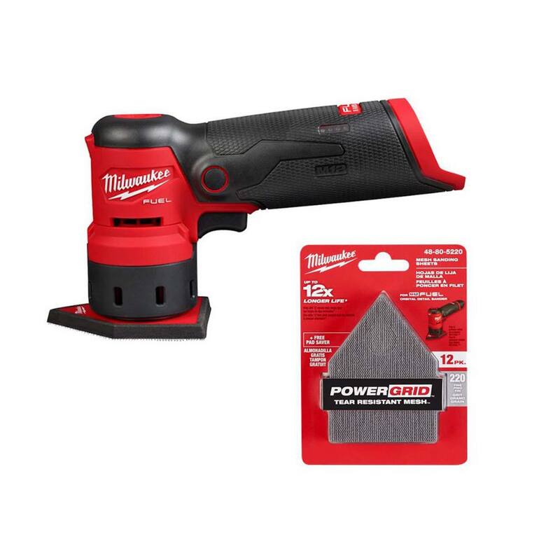 Lijadora orbital inalámbrica Milwaukee M12 12 voltios FUEL de iones de litio (solo herramienta) con hojas de lija de malla de 220 granos (paquete de 12) - 2531-20-48-80-5220