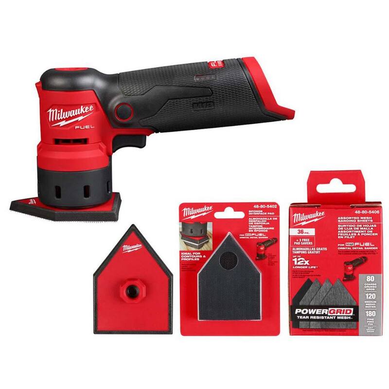 Lijadora orbital inalámbrica Milwaukee M12 12 voltios con batería de iones de litio FUEL - Solo herramienta con hojas de lija surtidas, almohadilla de lijado y almohadilla de esponja - 2531-20-48-80-5406-49-36-2531-48-80-5402