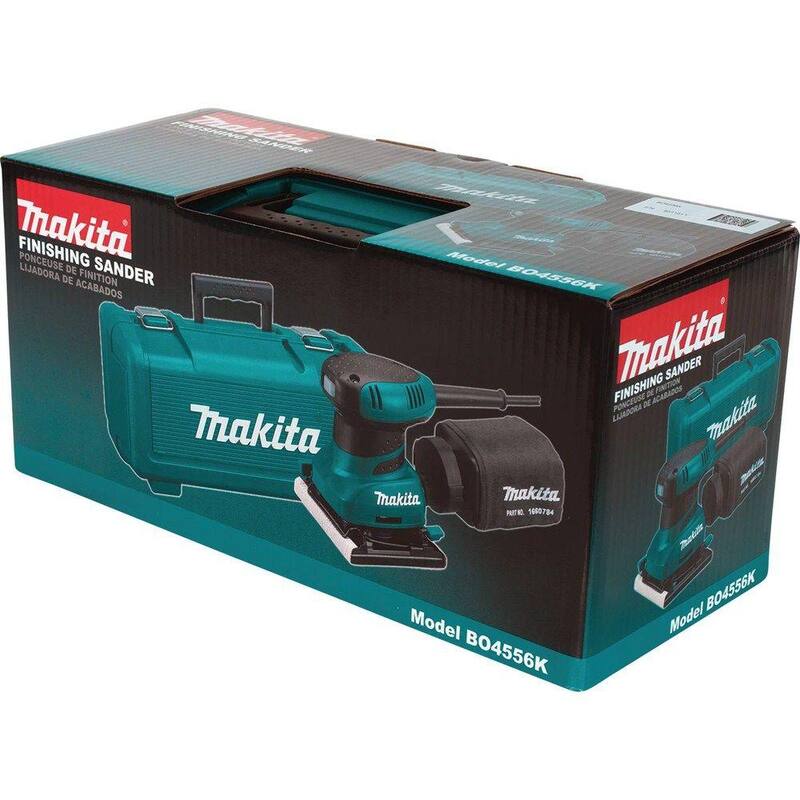 Lijadora de acabado de lámina de 1/4 con cable de 2 amperios de Makita con papel 60G, papel 100G, papel 150G, bolsa de polvo, placa de golpes, estuche rígido - BO4556K