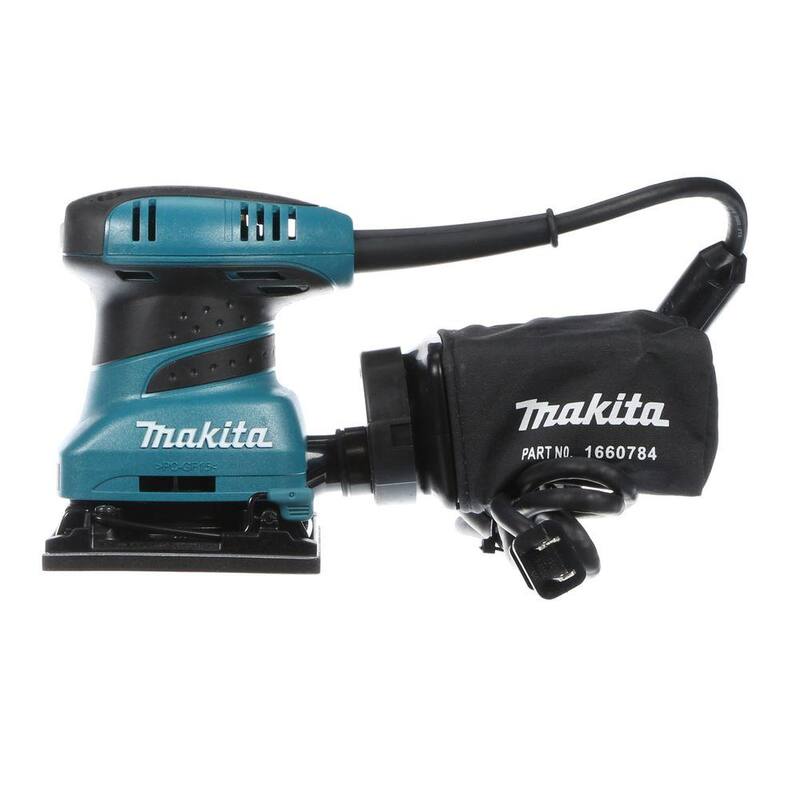 Lijadora de acabado de lámina de 1/4 con cable de 2 amperios de Makita con papel 60G, papel 100G, papel 150G, bolsa de polvo, placa de golpes, estuche rígido - BO4556K