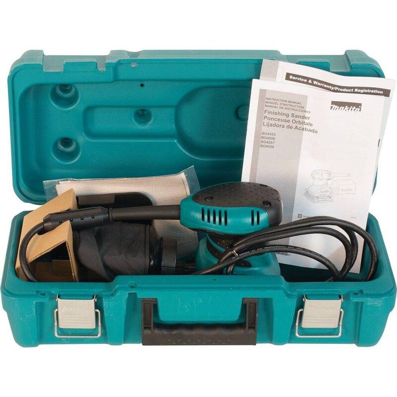 Lijadora de acabado de lámina de 1/4 con cable de 2 amperios de Makita con papel 60G, papel 100G, papel 150G, bolsa de polvo, placa de golpes, estuche rígido - BO4556K