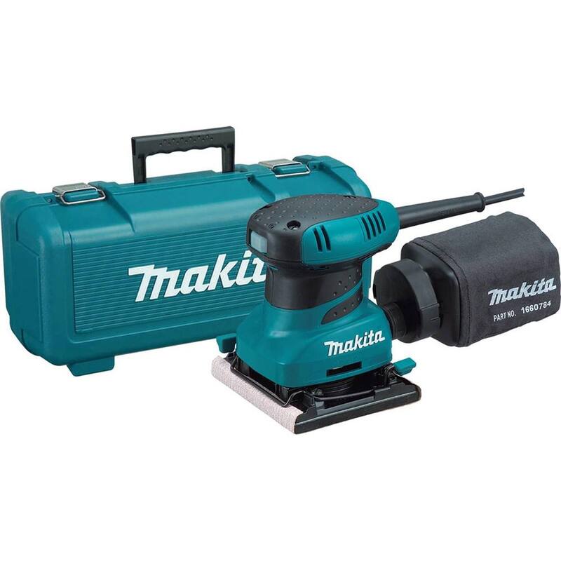 Lijadora de acabado de lámina de 1/4 con cable de 2 amperios de Makita con papel 60G, papel 100G, papel 150G, bolsa de polvo, placa de golpes, estuche rígido - BO4556K