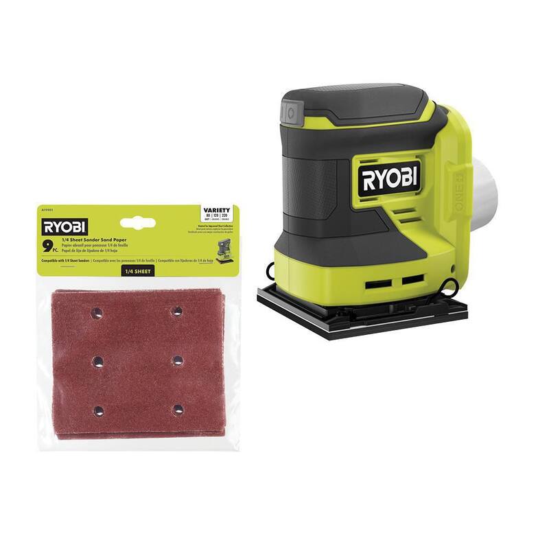 Lijadora RYOBI ONE+ 18V inalámbrica de 1/4 de hoja con surtido de 9 piezas de papel de lija de 1/4 de hoja - PCL401B-A19901