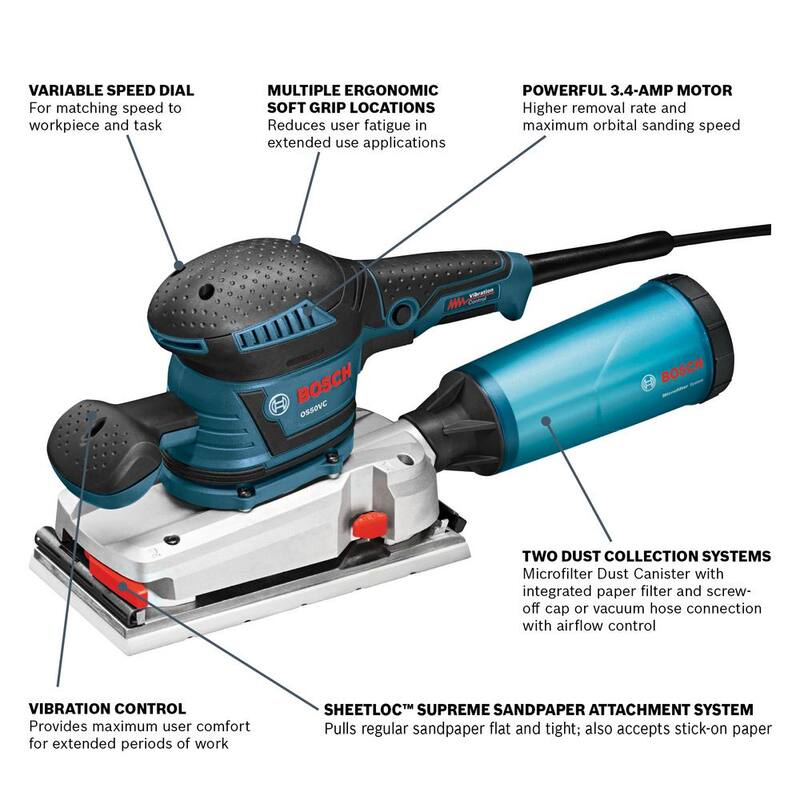 Lijadora orbital eléctrica con cable de 3.4 amperios y 1/2 pulgadas de Bosch, con control de vibración para hojas de 4.5 pulgadas x 9 pulgadas - OS50VC