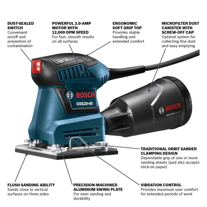 Lijadora orbital de hojas con cable de 1/4 de pulgada y 2 amperios de Bosch - GSS20-40.