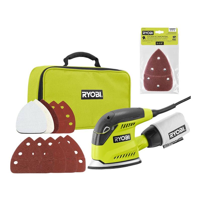 Lijadora de esquina Corner Cat de 1.2 amperes con cable de 5.5 pulgadas de RYOBI con bolsa de polvo, estuche de almacenamiento y 9 piezas adicionales de papel de lija de esquina de 5-1/2 pulgadas - CFS1503GK-A21C901