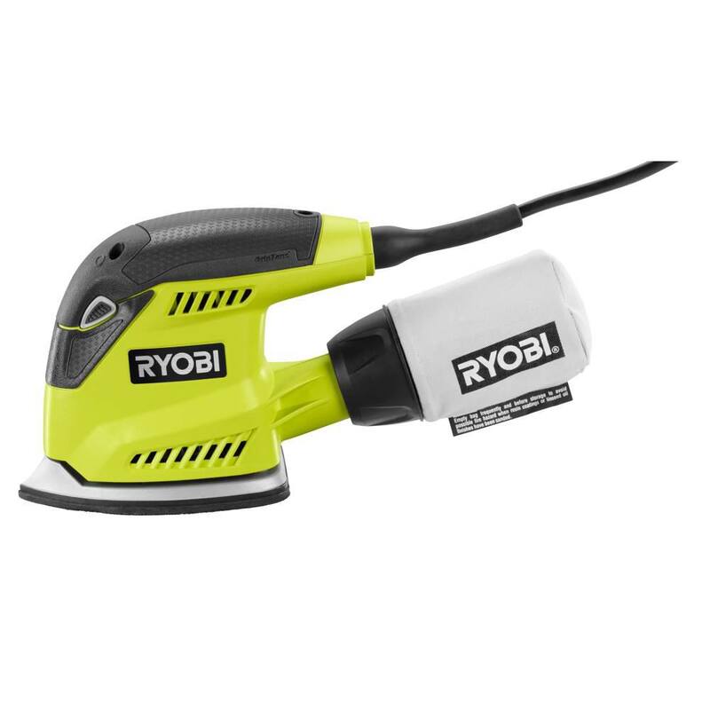 Lijadora de esquina Corner Cat de 1.2 amperes con cable de 5.5 pulgadas de RYOBI con bolsa de polvo, estuche de almacenamiento y 9 piezas adicionales de papel de lija de esquina de 5-1/2 pulgadas - CFS1503GK-A21C901