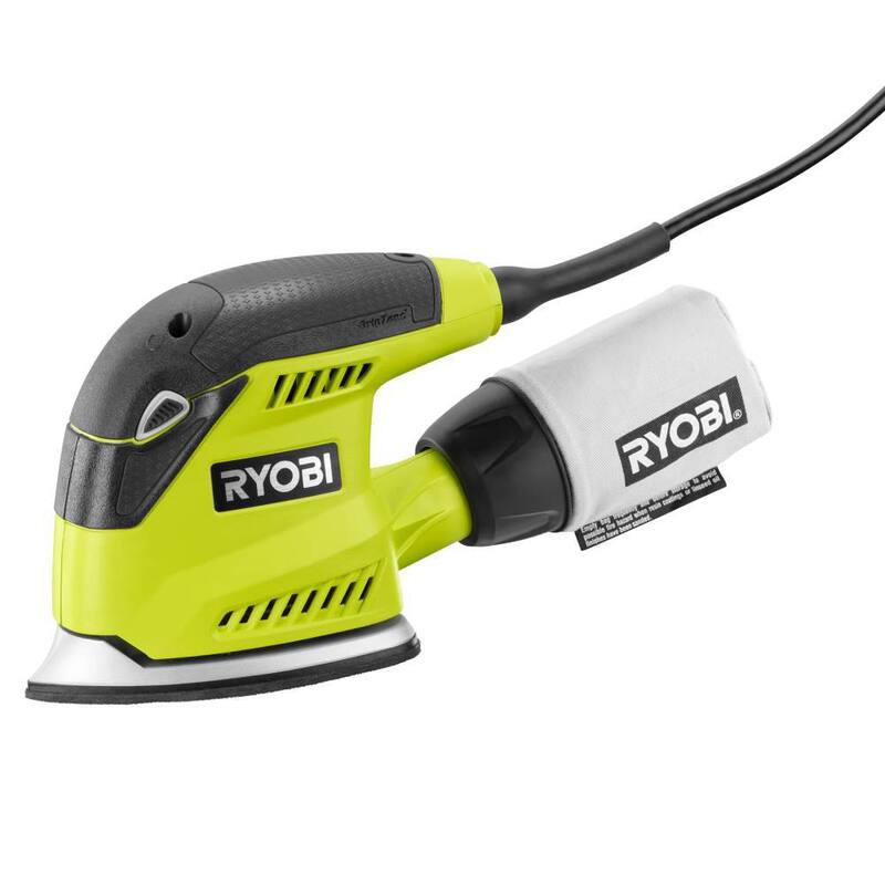 Lijadora de esquina Corner Cat de 1.2 amperes con cable de 5.5 pulgadas de RYOBI con bolsa de polvo, estuche de almacenamiento y 9 piezas adicionales de papel de lija de esquina de 5-1/2 pulgadas - CFS1503GK-A21C901