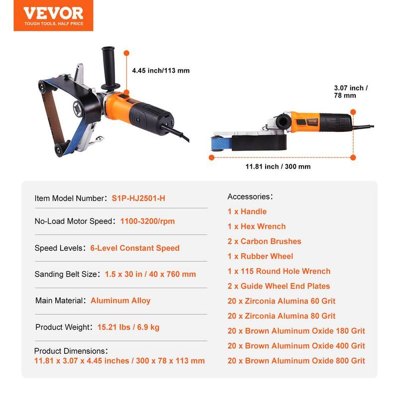 Pulidora de tubos VEVOR 1100 W con lijadora de banda con cable 6 velocidades 1100 a 3200 RPM 100 piezas de cintas para pulido y acabado - GDSDJ800W15XZO7NWV1